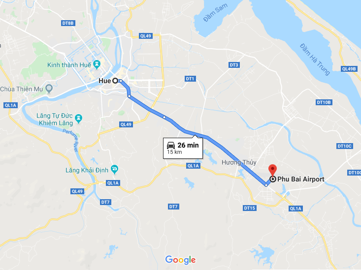 distance between Hue airport and downtown